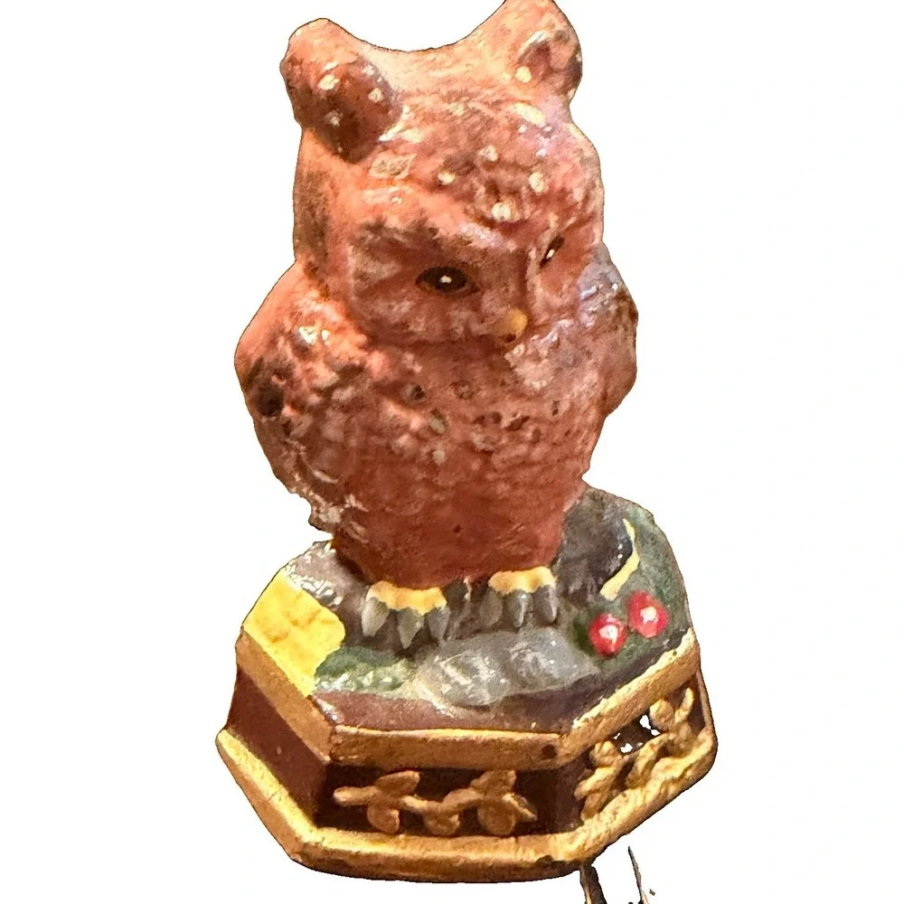 Vintage Cast Iron Owl Doorstop Paperweight Hand Painted Brown Decorative Figure